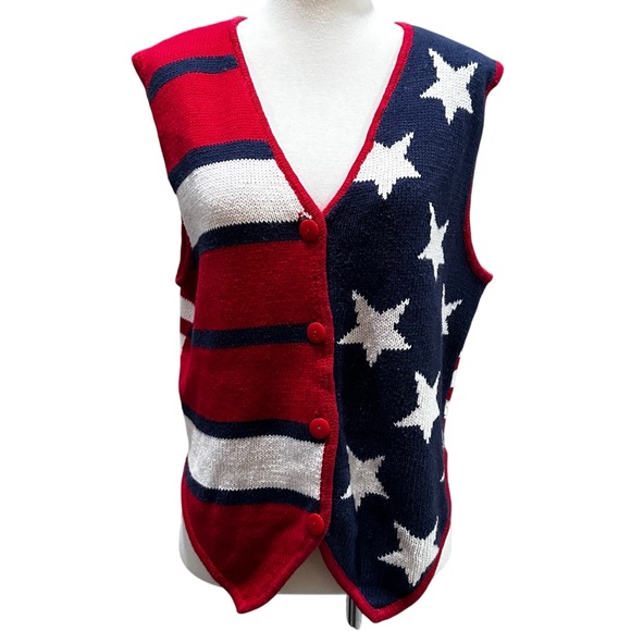 Patriotic Star Stripe Knit Vest The Limited Vintage Cotton Red White Blue - Picture 1 of 10